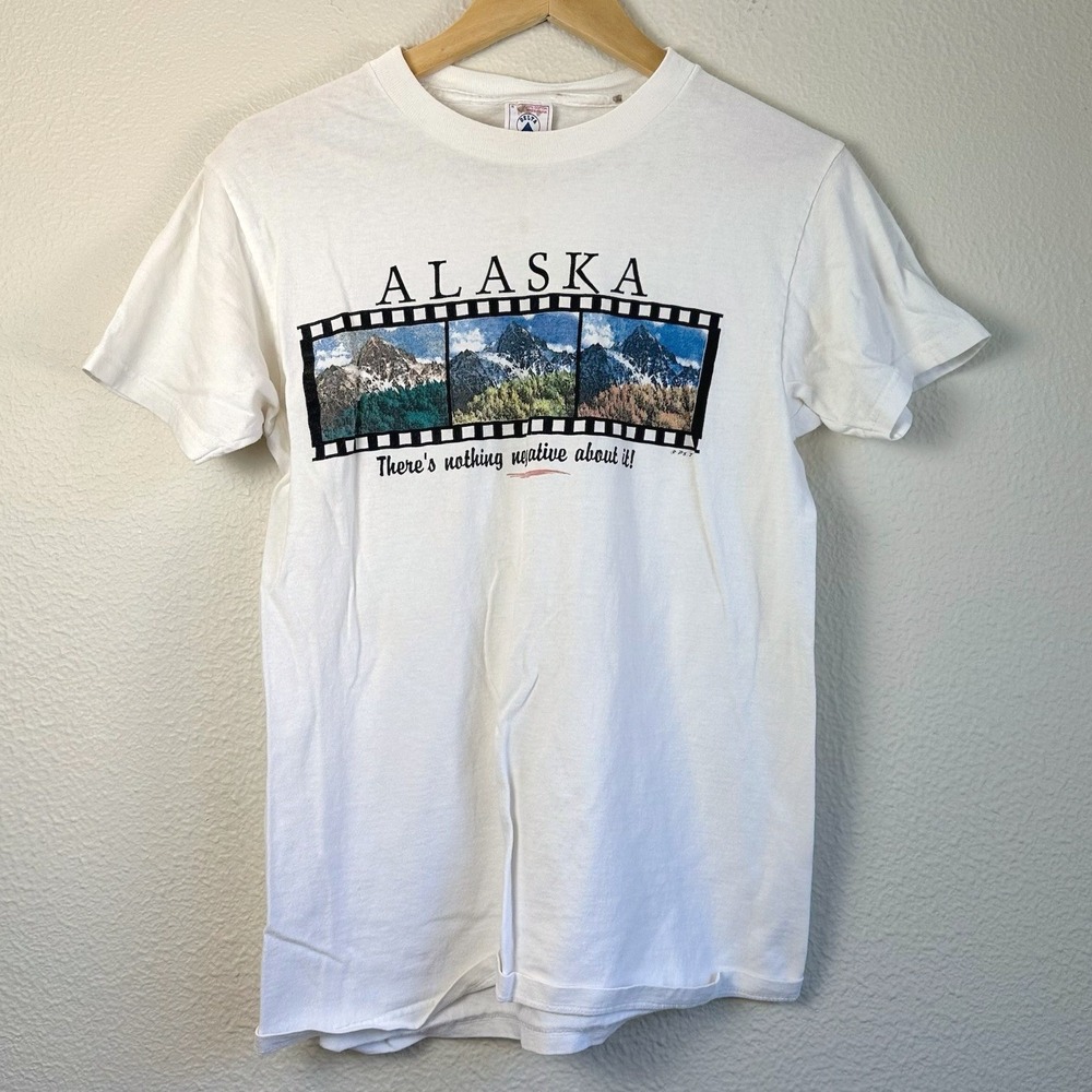 Vintage Film Strip Mountain Alaska Graphic Tee Mens S White Good Pun Shirt